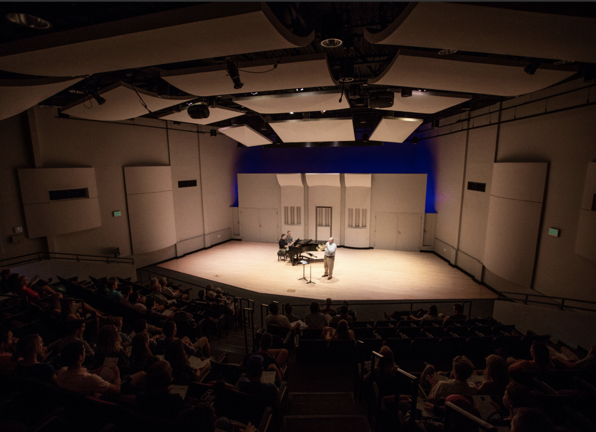 UF School of Music Building performance hall with musicians performing a recital on stage.