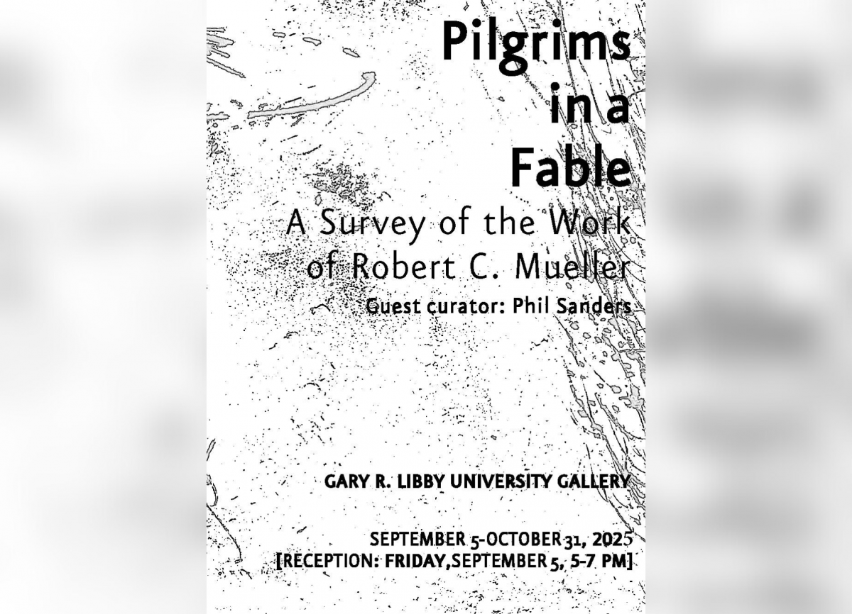 Official show poster for Pilgrims in a Fable with exhibition info text.