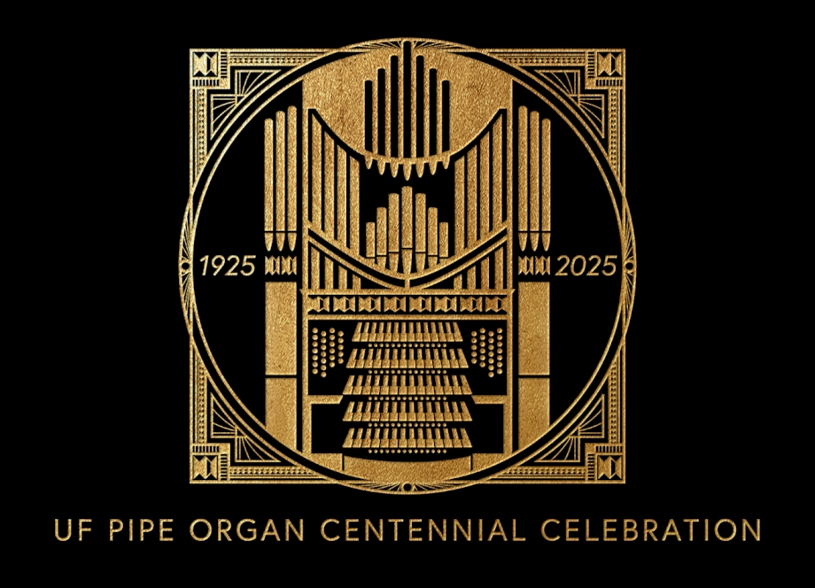 Pipe Organ Centennial Celebration poster with gold and black Art Deco style artwork of pipe organ.