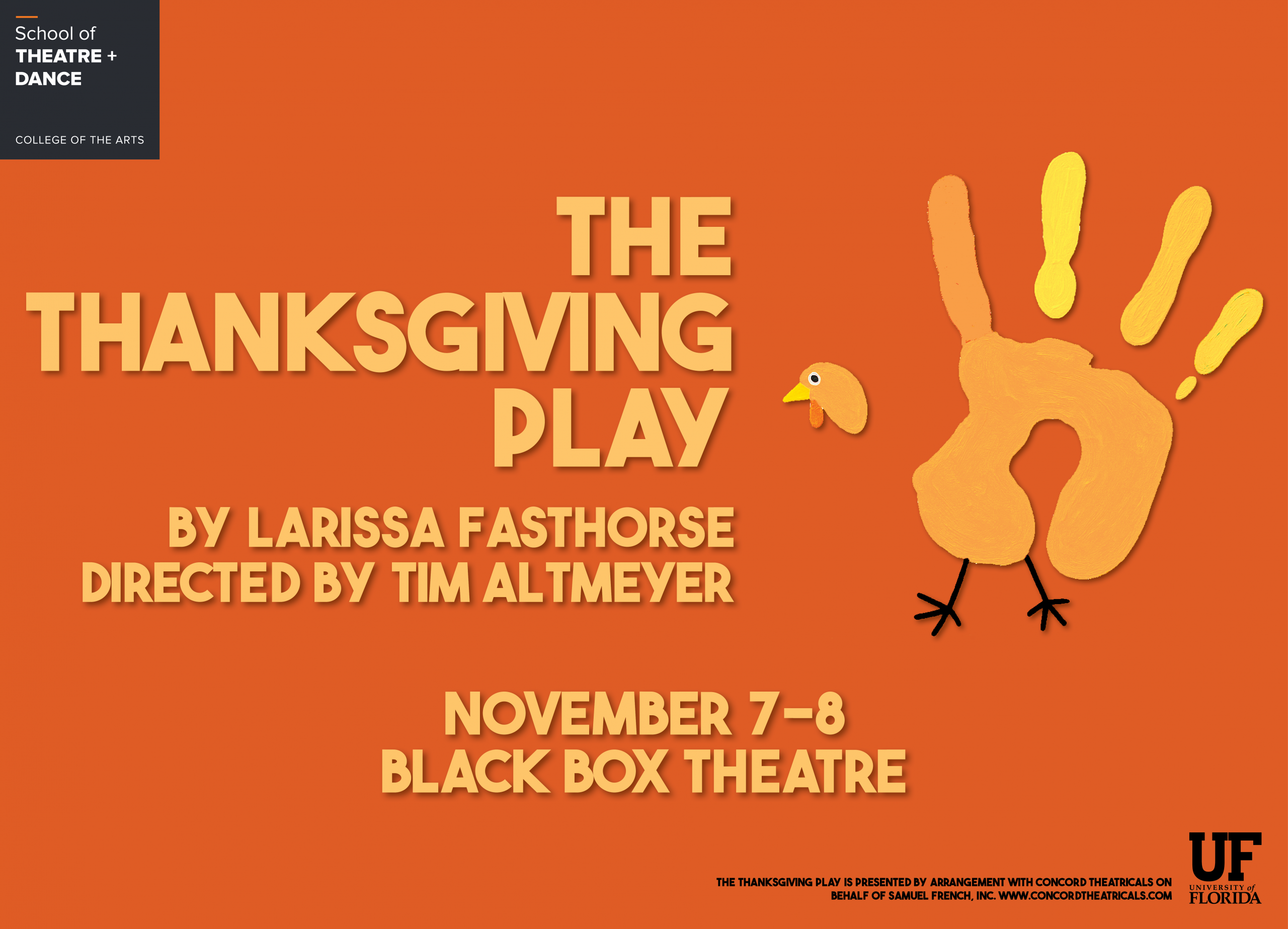 The Thanksgiving Play poster. Orange background with hand-print turkey illustration.