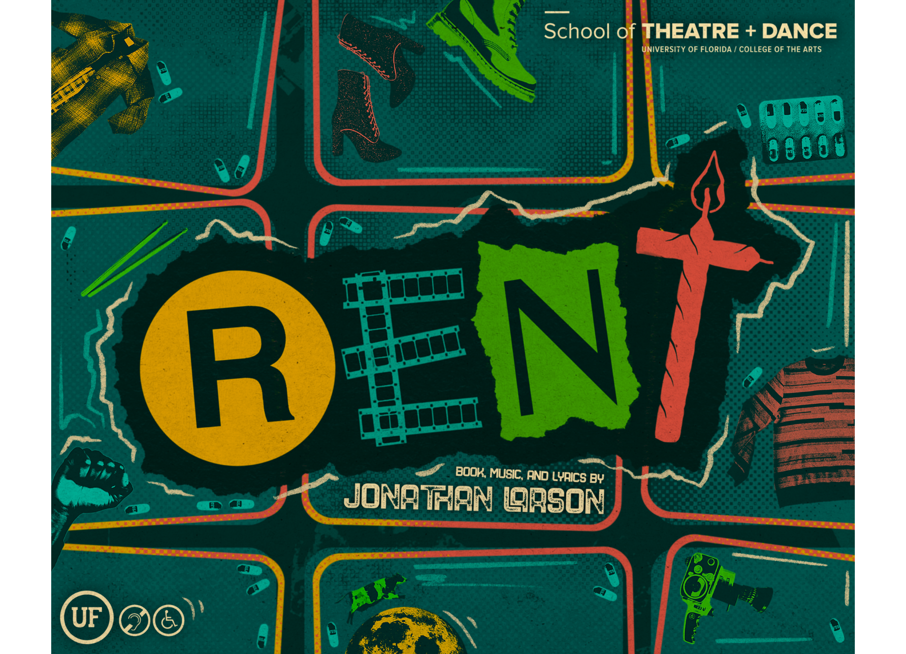 Official poster with a red and green grid illustration behind a stylized font reading "Rent"