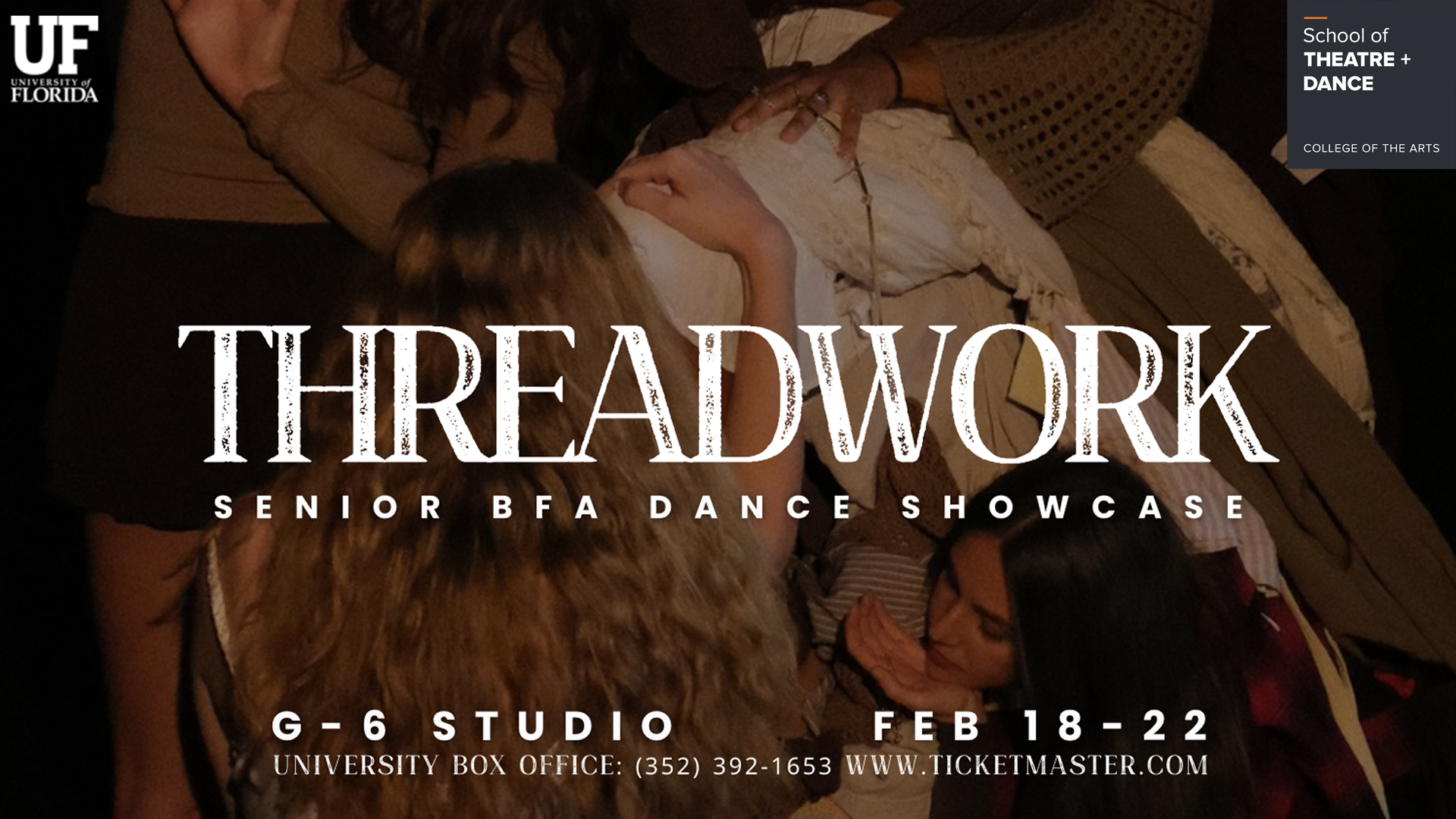 Promotional image for BFA Dance Showcase: Threadwork. Several dancers lie closely together on the floor in warm, dim lighting, creating an intimate, organic composition. Text in center reads "Threadwork. Senior BFA Dance Showcase. G-6 Studio. February 18-22."