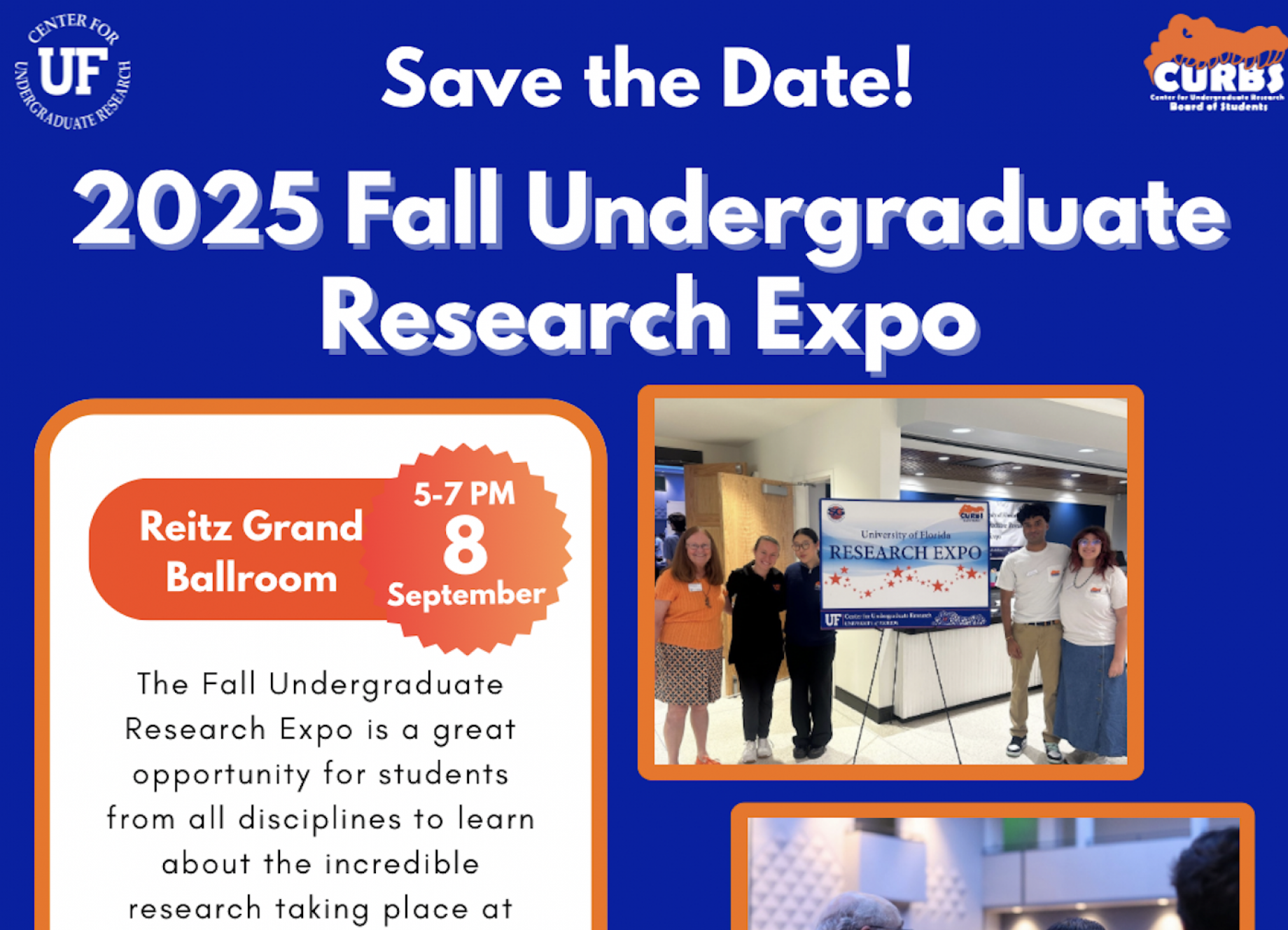 Official event poster on a blue background with event information and photos of past events