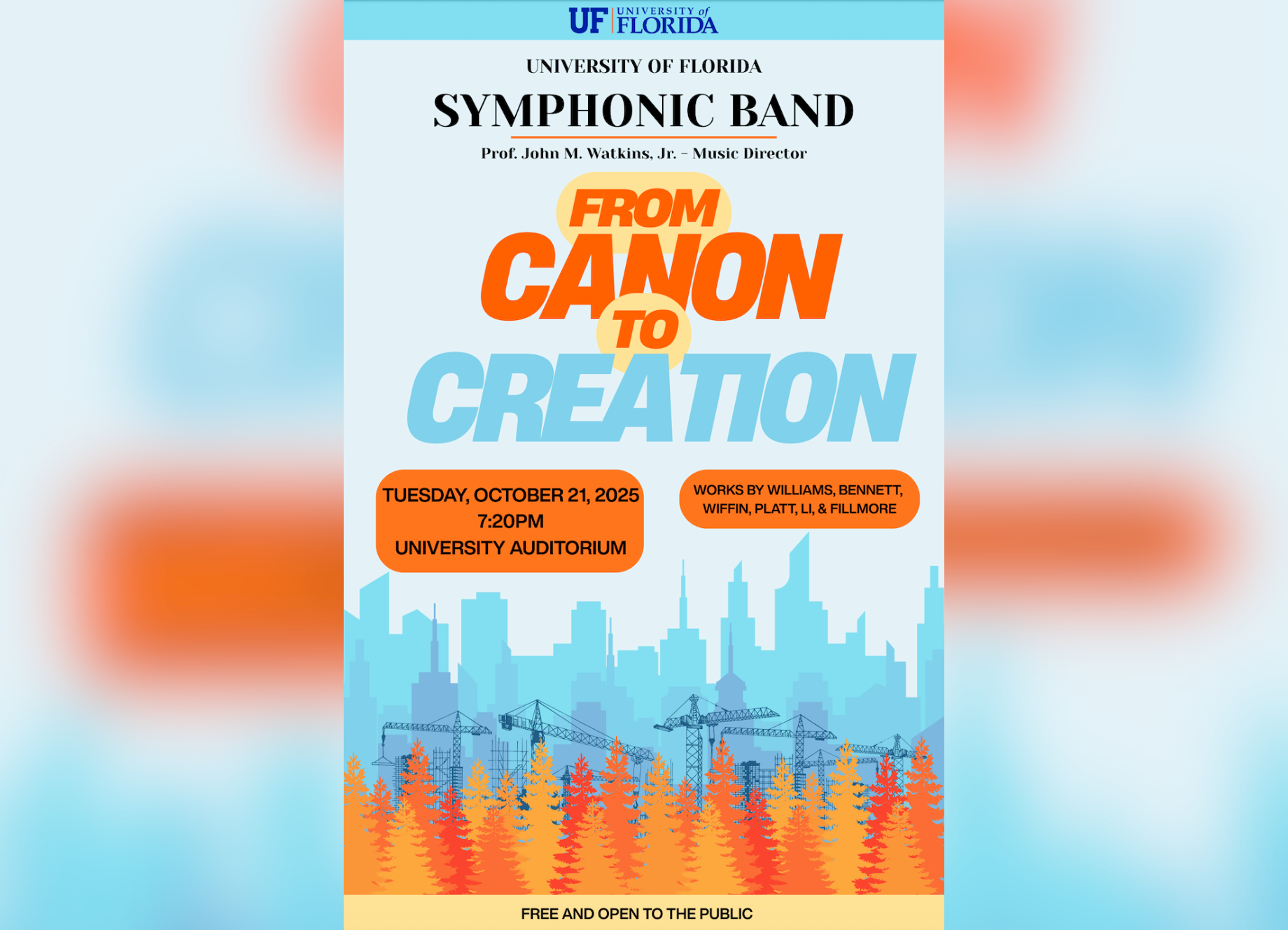 Official Show Poster with illustrations of a city skyline with construction cranes and trees. Show information on a blue and orange background