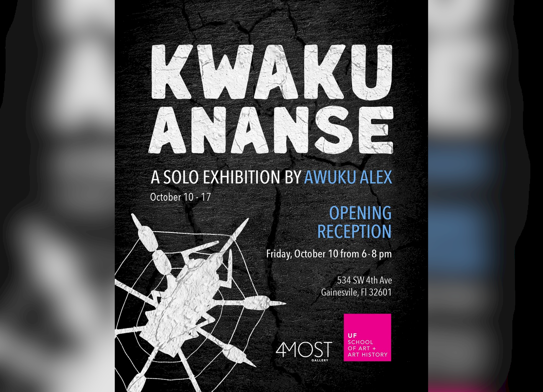 Official exhibit poster with information about the exhibit on a black background and a spider web on the bottom left corner