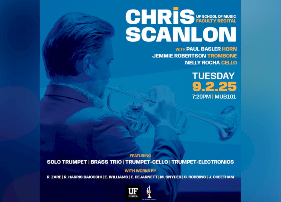 Official recital poster with a blue background featuring Chris Scanlon from the back playing a trumpet.