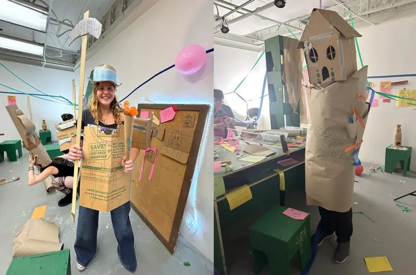 Side-by-side photos of a person wearing costumes made of cardboard. Left: a person in cardboard armor holding a cardboard scythe or ax. Right: a person wrapped from neck to knees in brown paper wears a cardboard box 