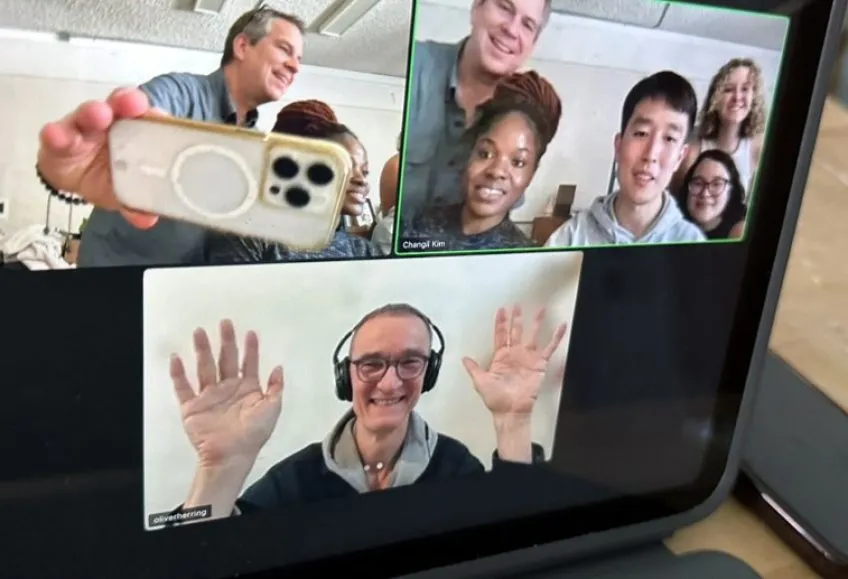 Three Zoom windows on a computer monitor. Artist Oliver Herring smiles and wave in the bottom panel. Opoku-Mensah, Kim, Miller, and art students in the top two panels.