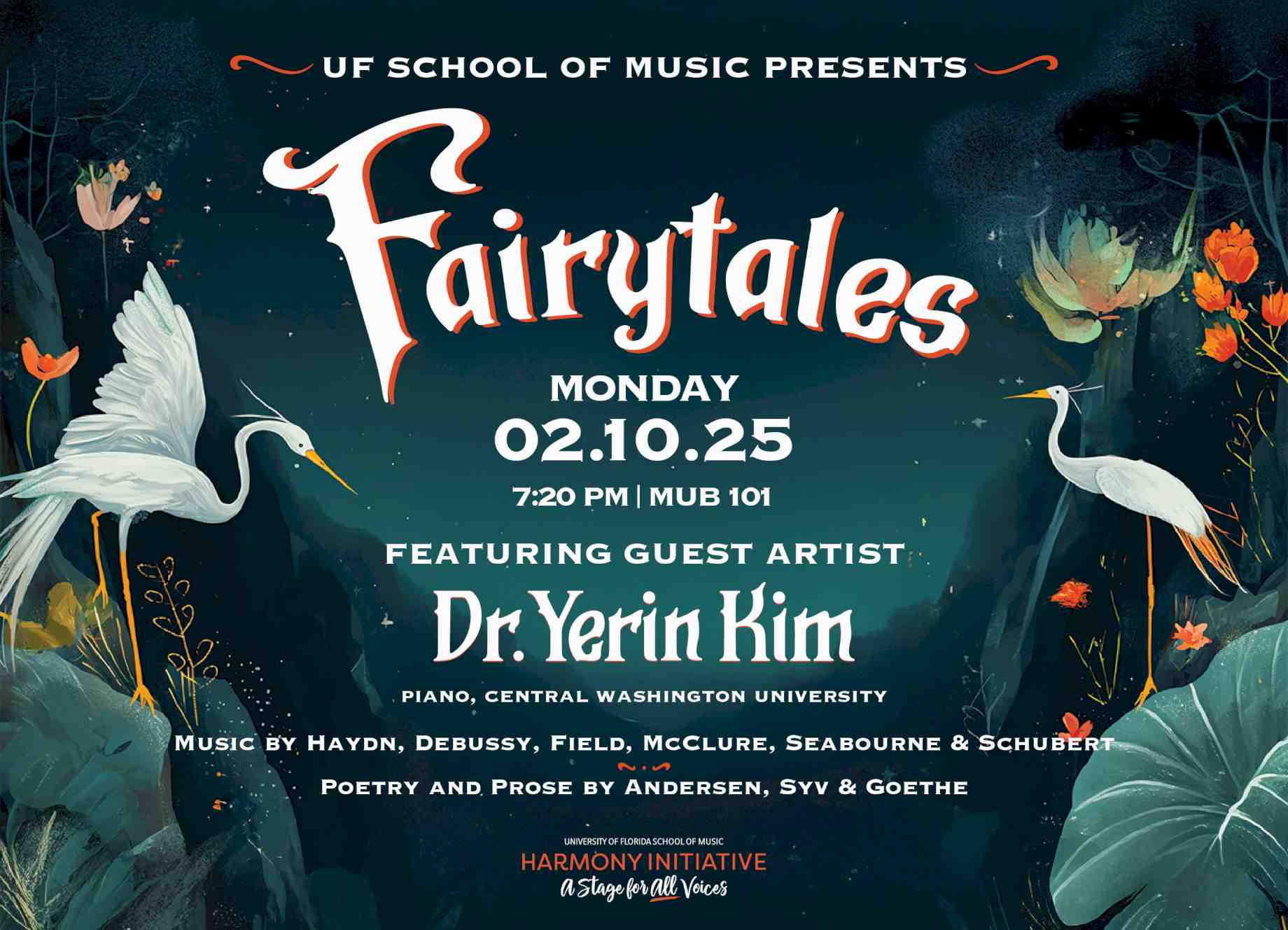 Fairytales concert poster with illustrations of egret birds among flora.