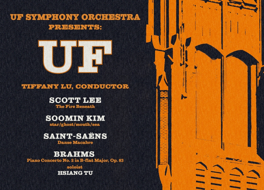 Abstract image of century tower and information about the UF Symphony Orchestra concert on February 15, 2024.