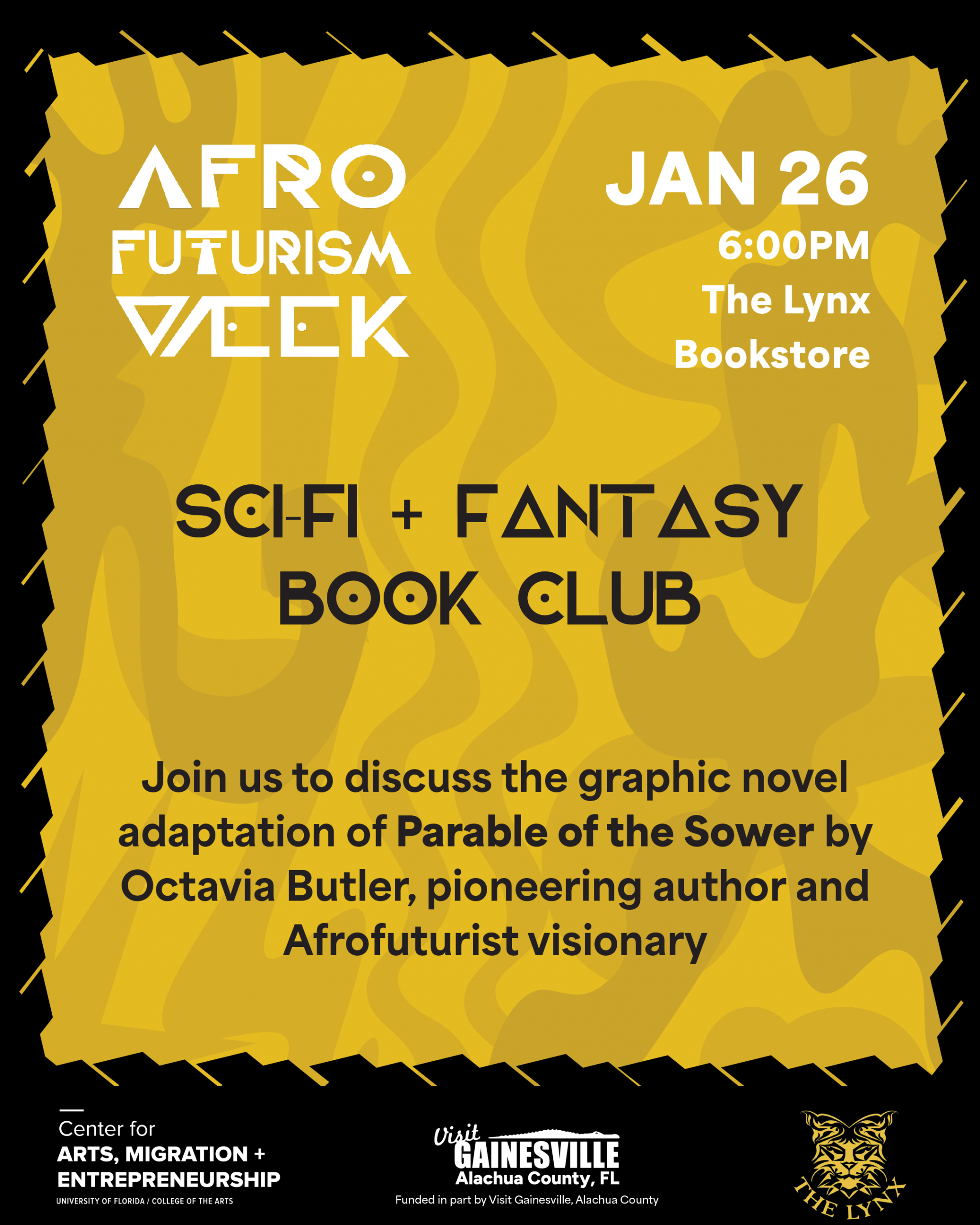 Sci-Fi and Fantasy Book Club flyer with text. Jan 26, 6 P.M. at The Lynx Bookstore