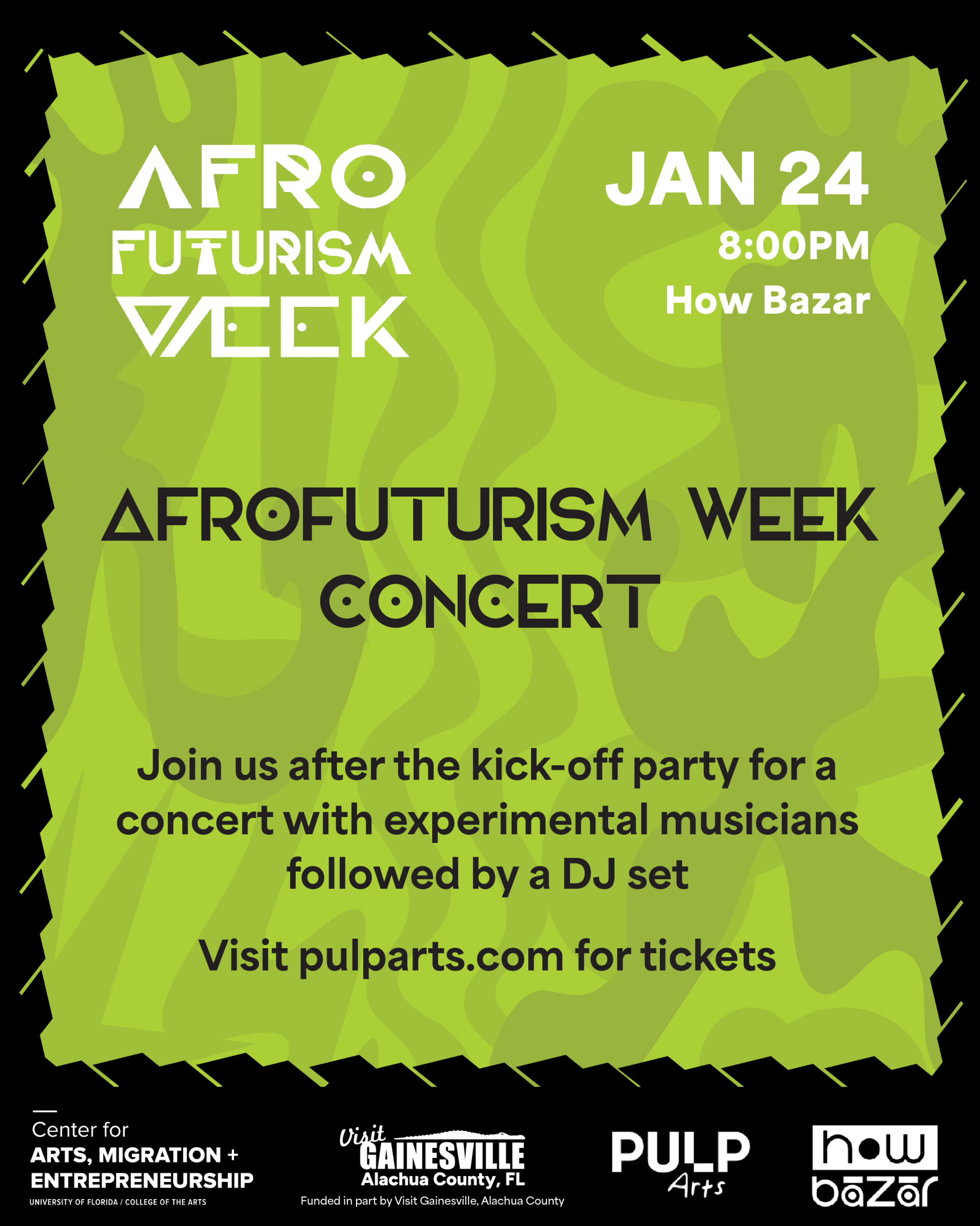 Concert Flyer with text. Jan 24, 8 P.M. at How Bazaar.