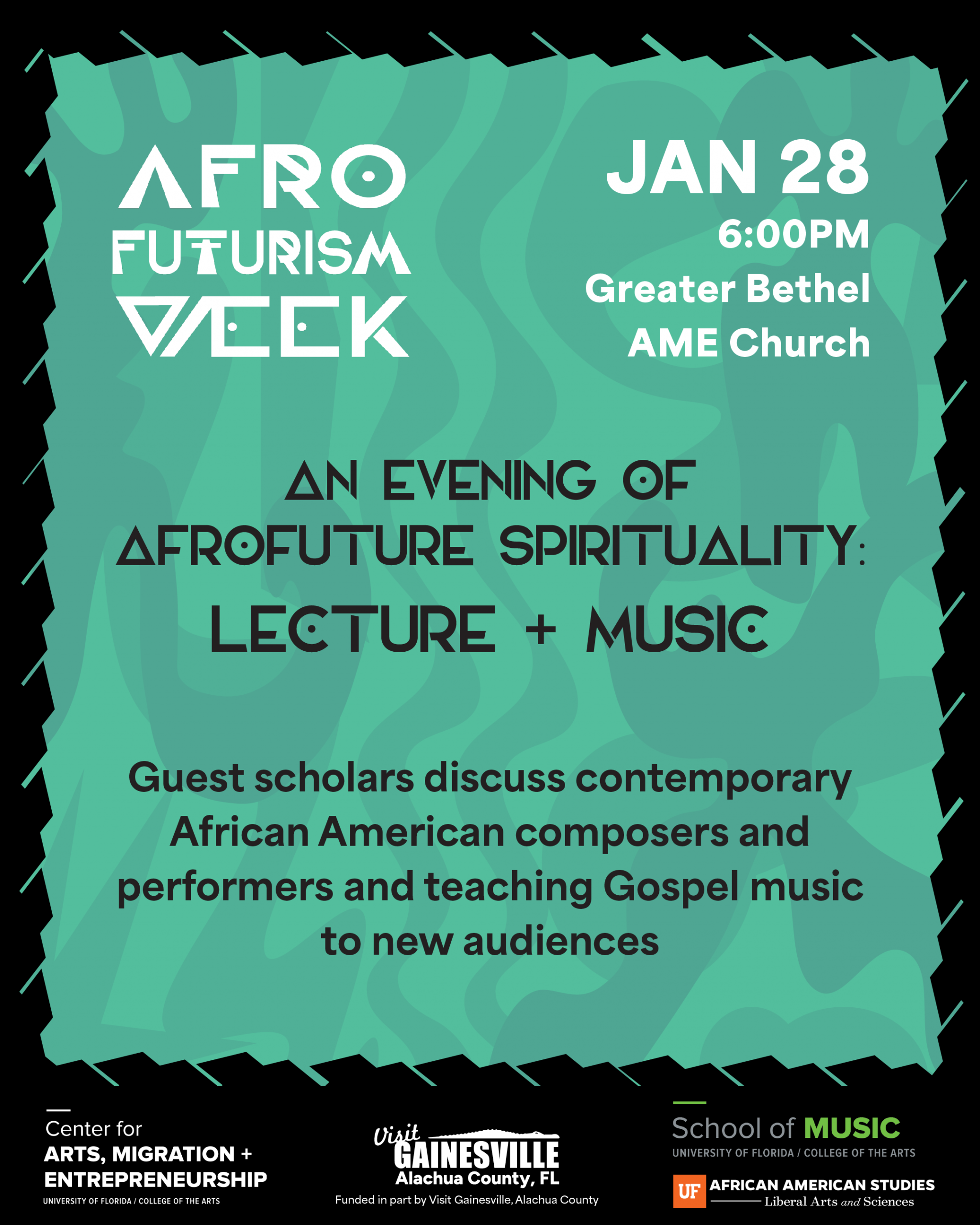 Afrofuture Spirituality Lecture and Music flyer with text. Jan 28, 6 P.M. at Greater Bethel A.M.E. Church