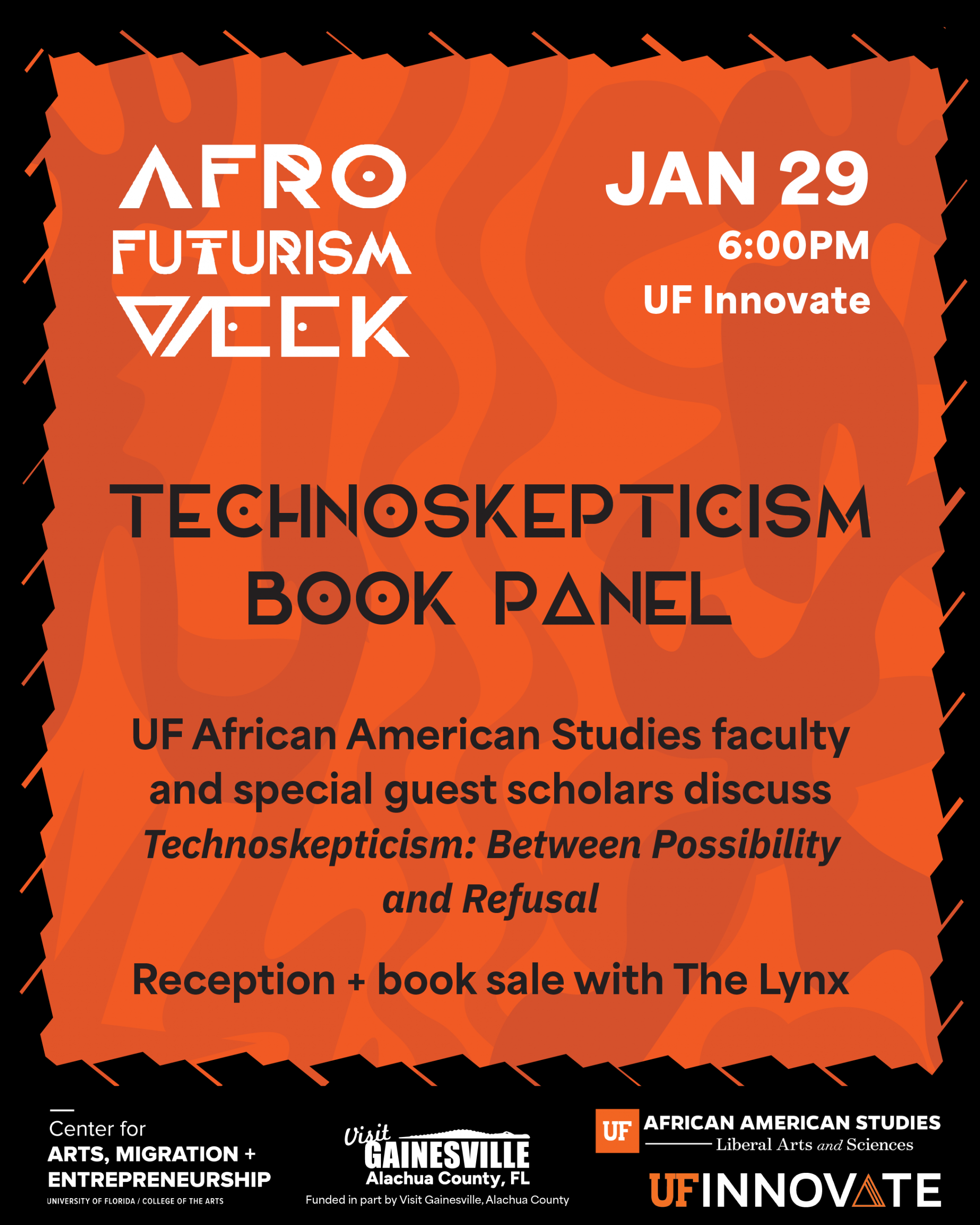 Book Panel Flyer with text Jan. 29, 6 P.M. at UF Innovate