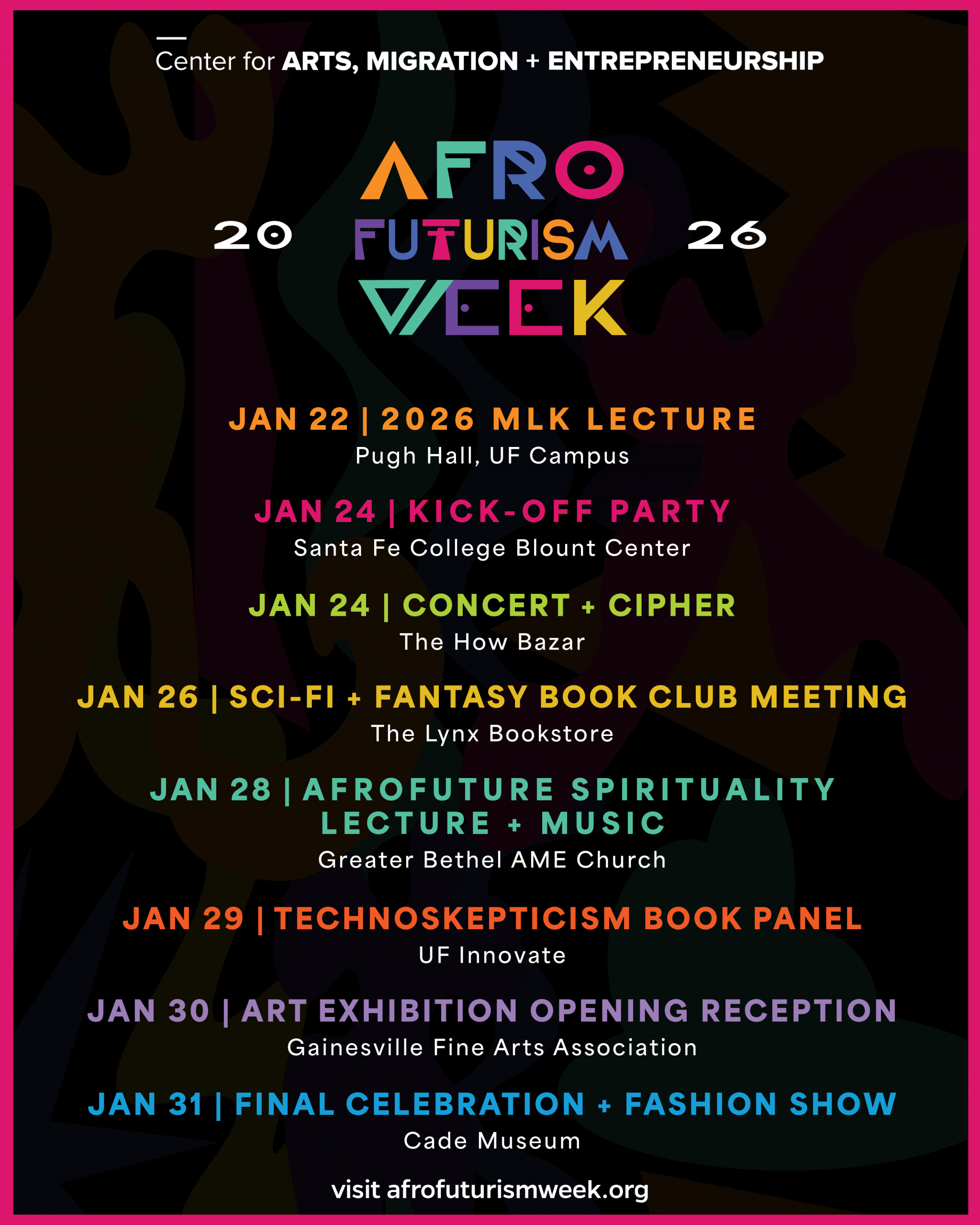 Official event series poster with colorful informational text on a black background