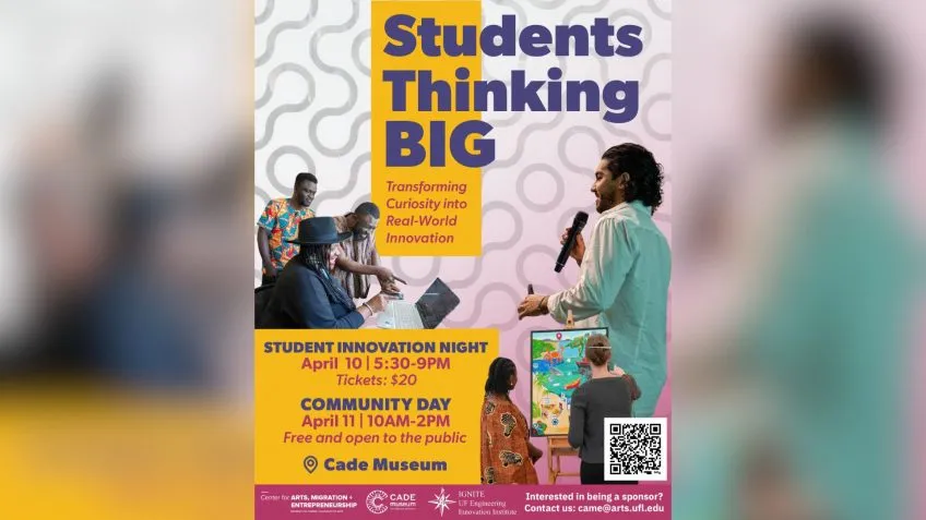 Colorful flyer for Students Thinking BIG! Friday, April 10 from 5:30p.m. to 9:00 p.m. at the Cade Museum in Gainesville