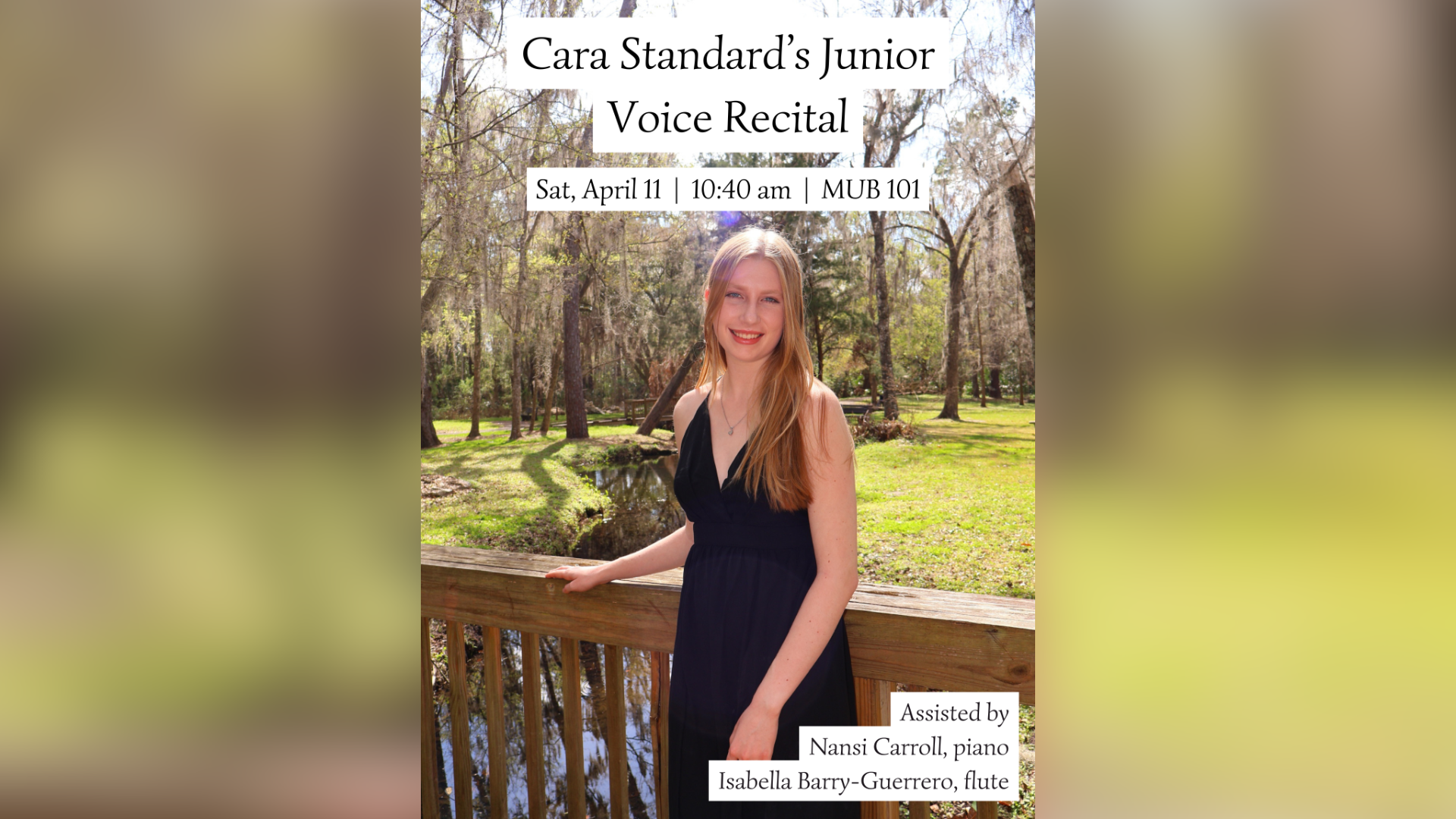 Official recital poster with informational text and a photo of Cara Standard