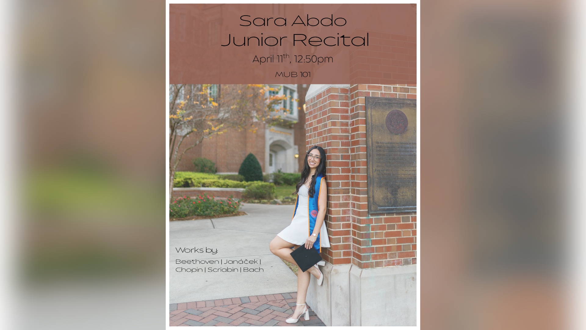 Junior Recital Poster with Location, Date/Time, and works performed.