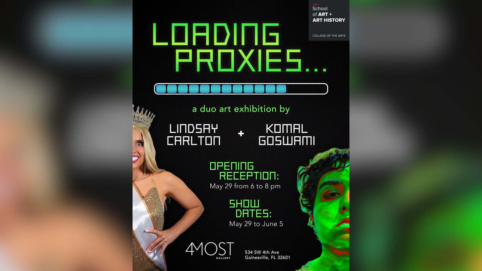 Exhibit flyer with stylized images of Komal and Lindsay with informational text.