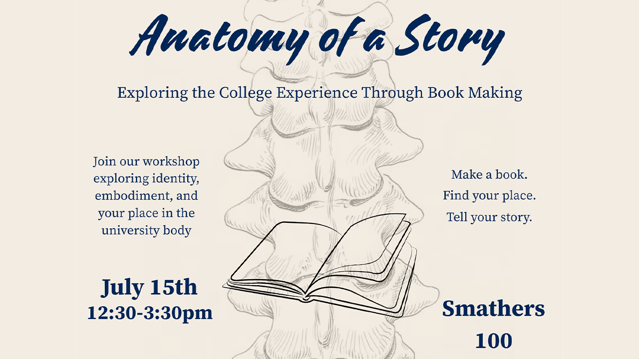 Decorative flyer - Bookmaking workshop. includes event details: July 15th, 12:30-3:30pm, Smathers 100