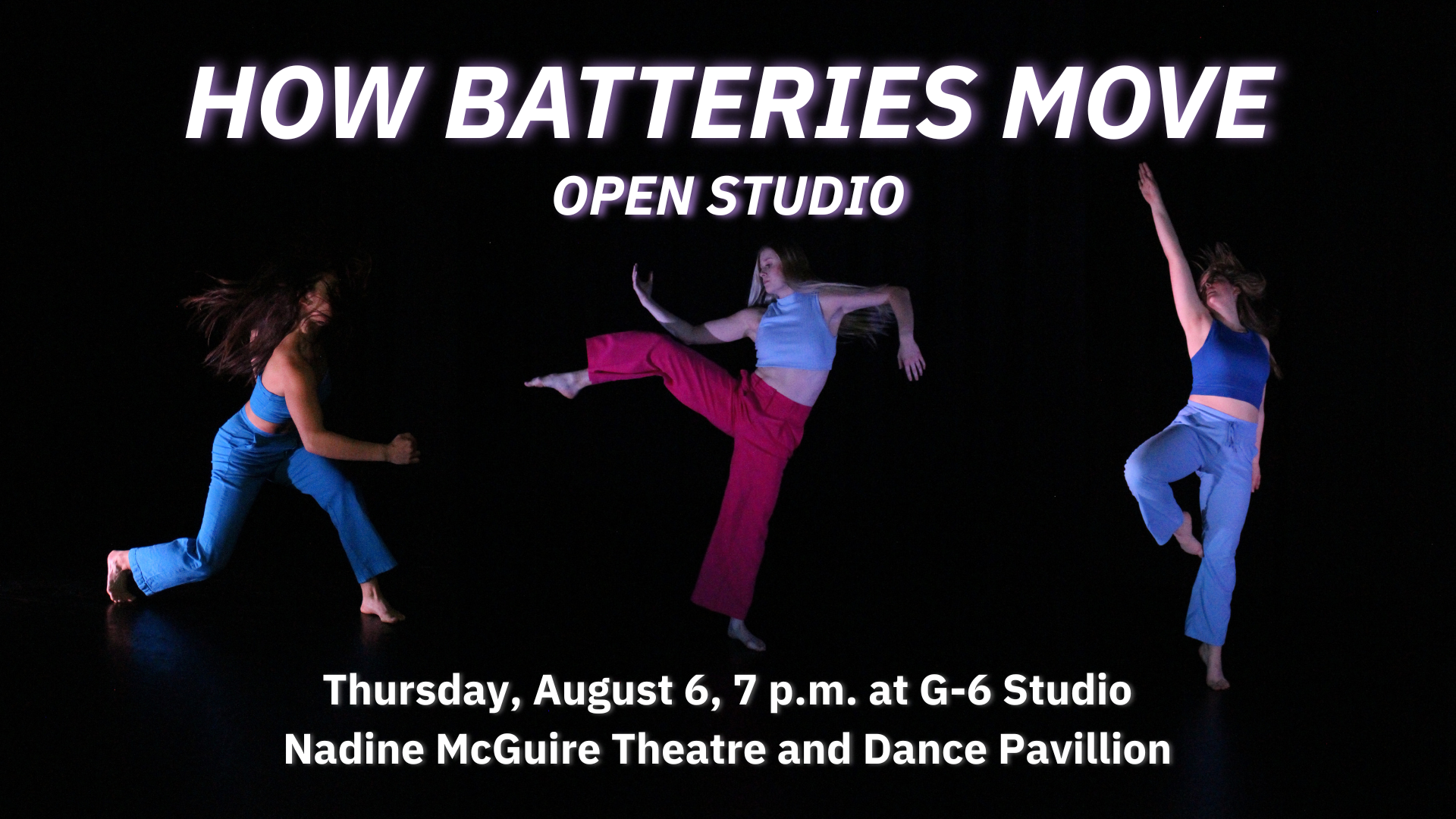Event flyer with three dancers in motion and event info text.