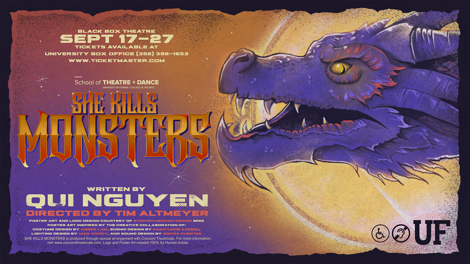 A large illustrated purple dragon with yellow eyes and sharp teeth dominates the right side against a textured orange, yellow and purple background.