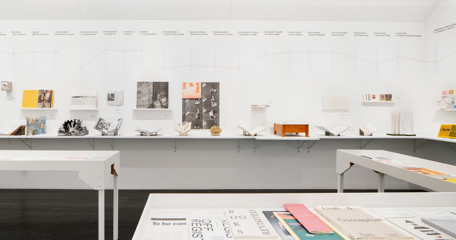 An art gallery exhibit of various books and printed materials displayed on white shelves and tables.