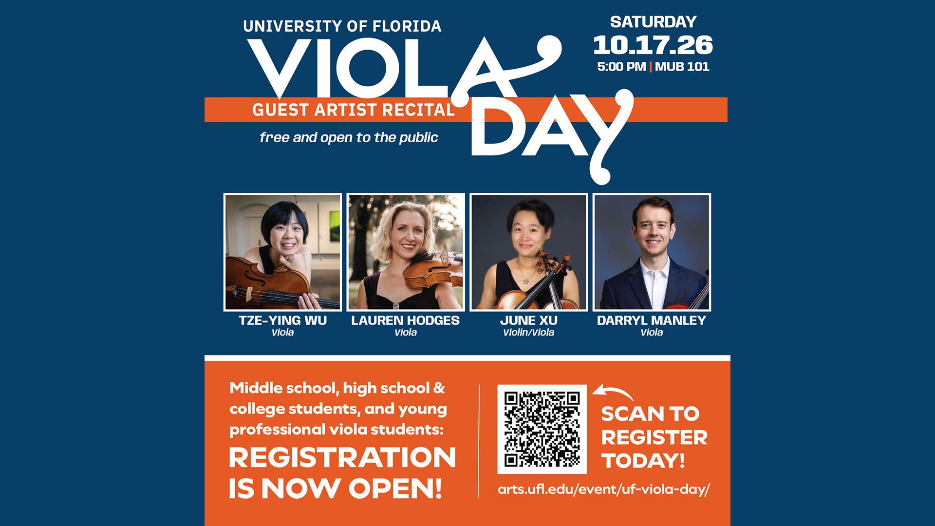 University of Florida Viola Day Guest Artist Recital flyer for Oct 17, 2026, featuring four performing artists.