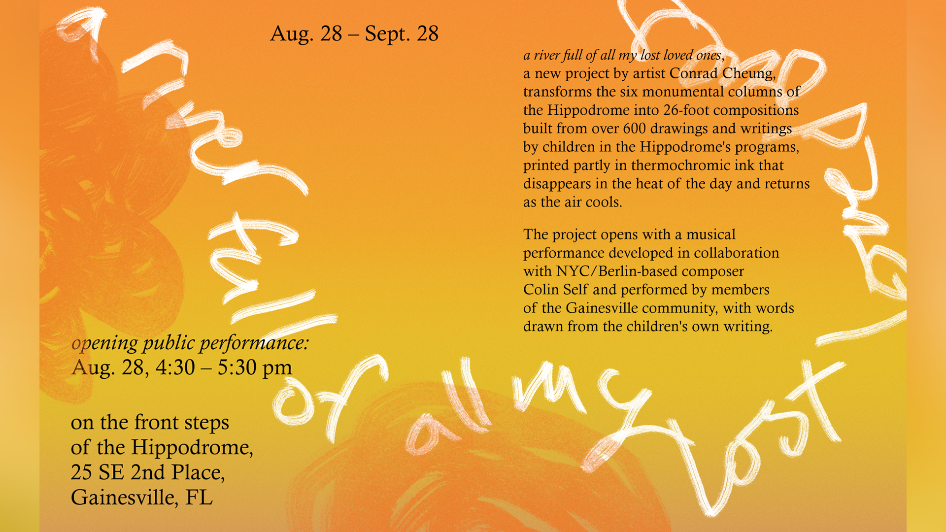 Official event poster with the title in white text over an orange and yellow gradient background. Black informational text present.