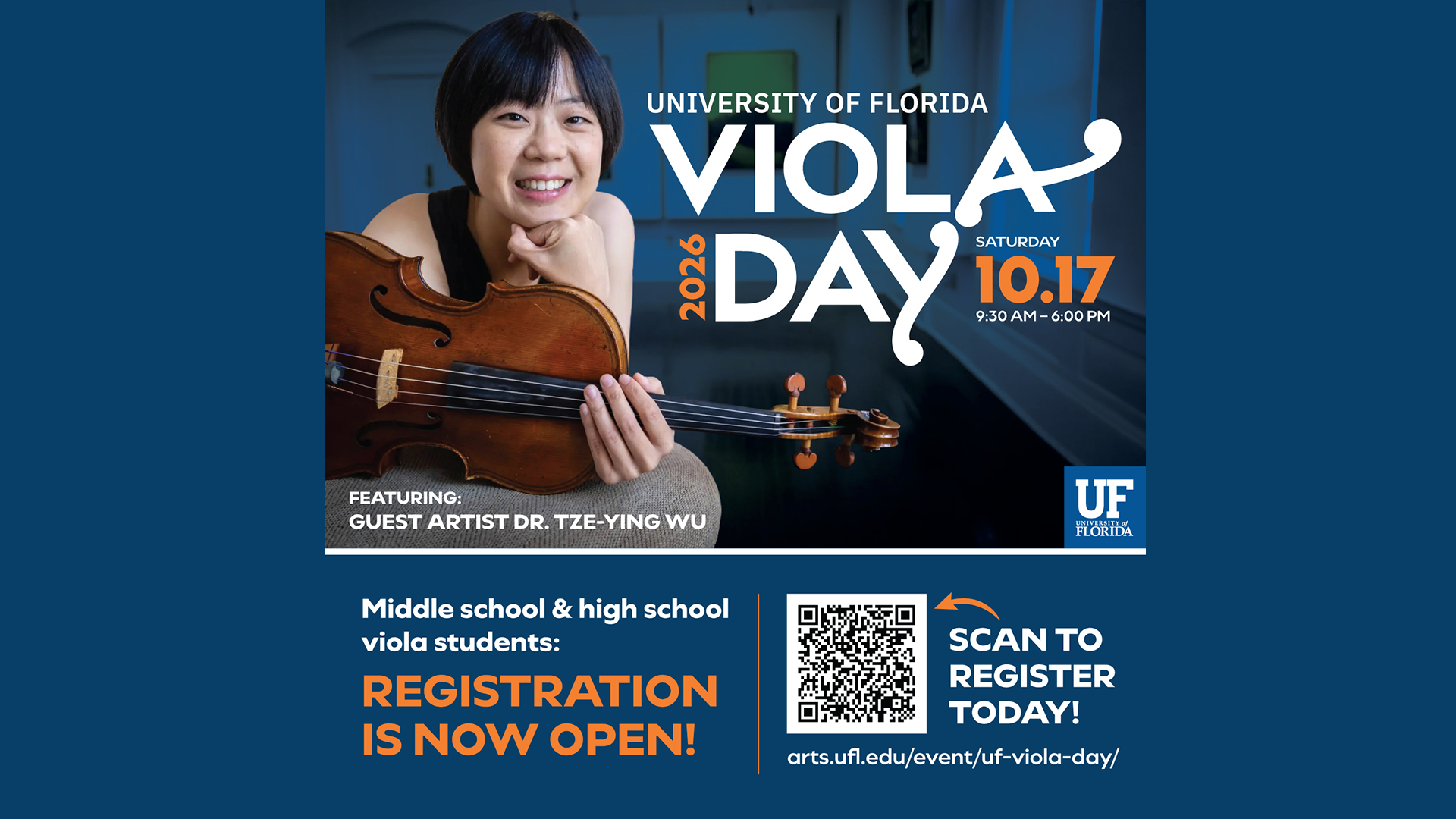 University of Florida Viola Day flyer featuring Dr. Tze-Ying Wu. Saturday 10.17, 9:30 AM – 6:00 PM. Includes QR code.