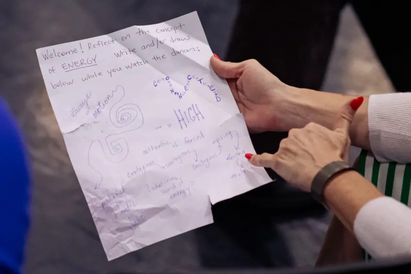 A person holds a handwritten note about the concept of energy, featuring diagrams, swirls, and notes on dancers.