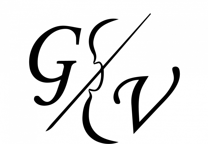 Logo for Gainesville Violins featuring the letters 'G' and 'V' with a violin f-hole and a bow diagonally between them.