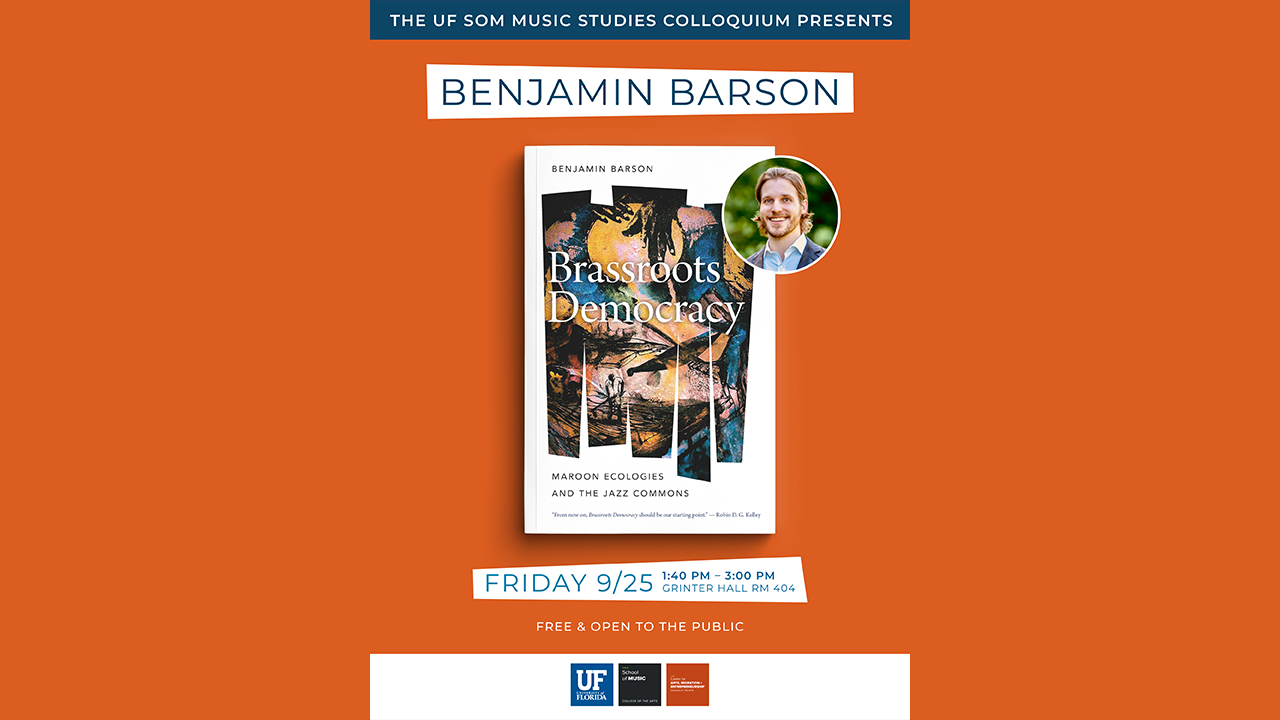 decorative flyer with event info. Benjamin Barson: Brassroots Democracy. September 25 at Grinter Hall.