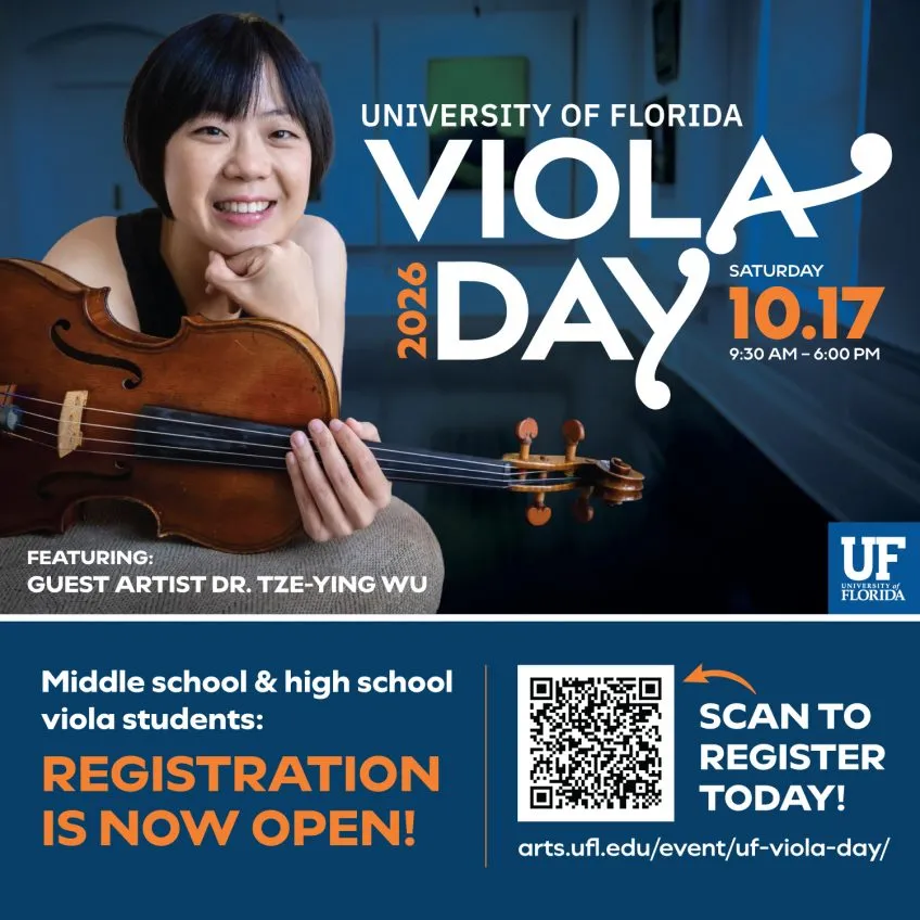 University of Florida Viola Day flyer featuring Dr. Tze-Ying Wu. Saturday 10.17, 9:30 AM – 6:00 PM. Includes QR code.