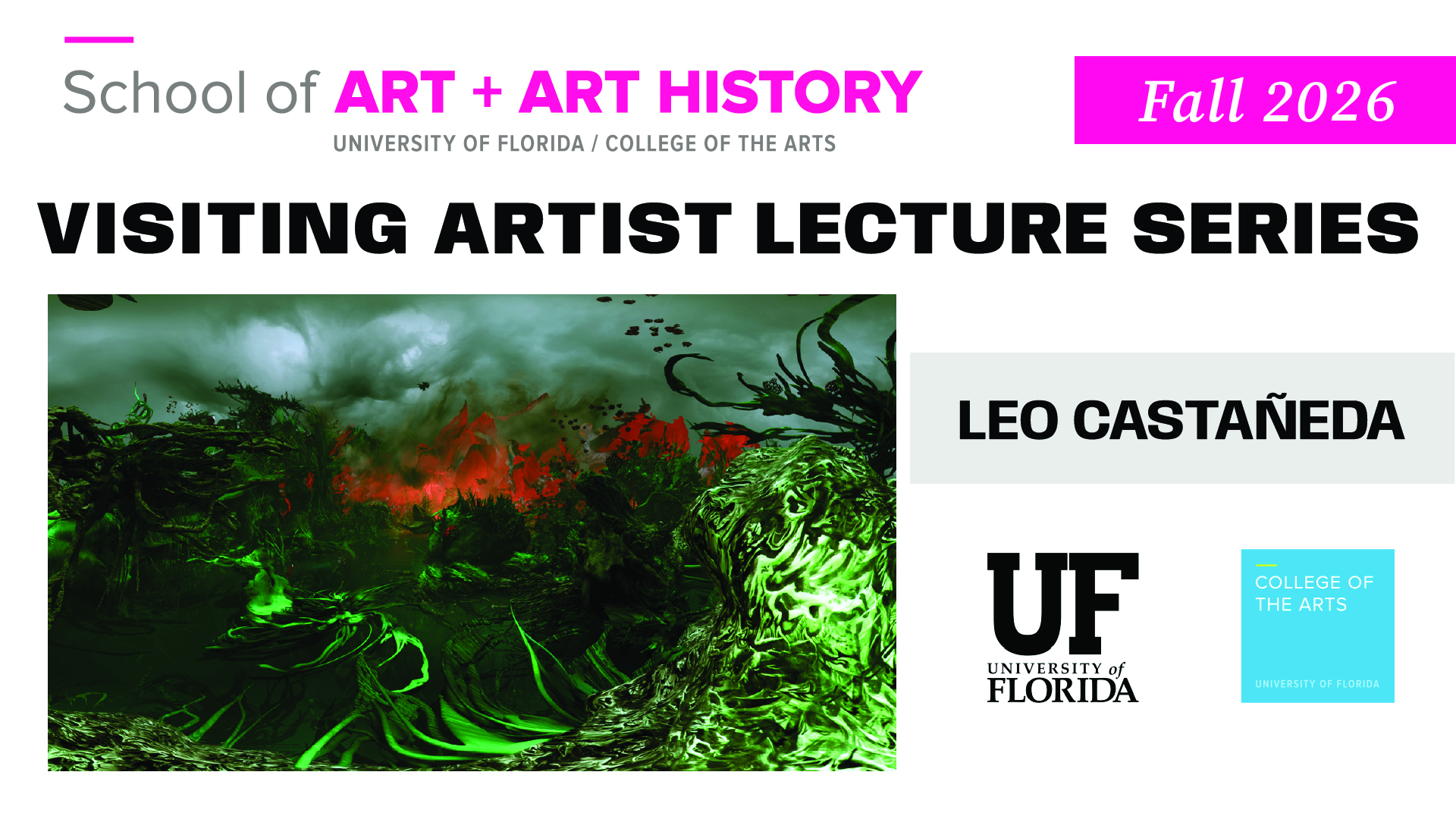 Official event poster with informational text and artwork of a surrealistic landscape.