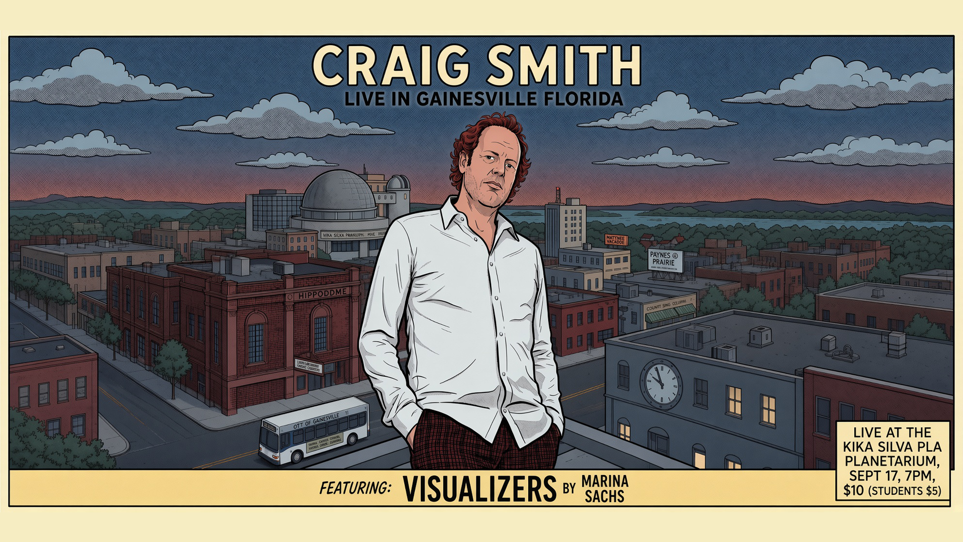 Graphic art style of Craig Smith in front of a planetarium