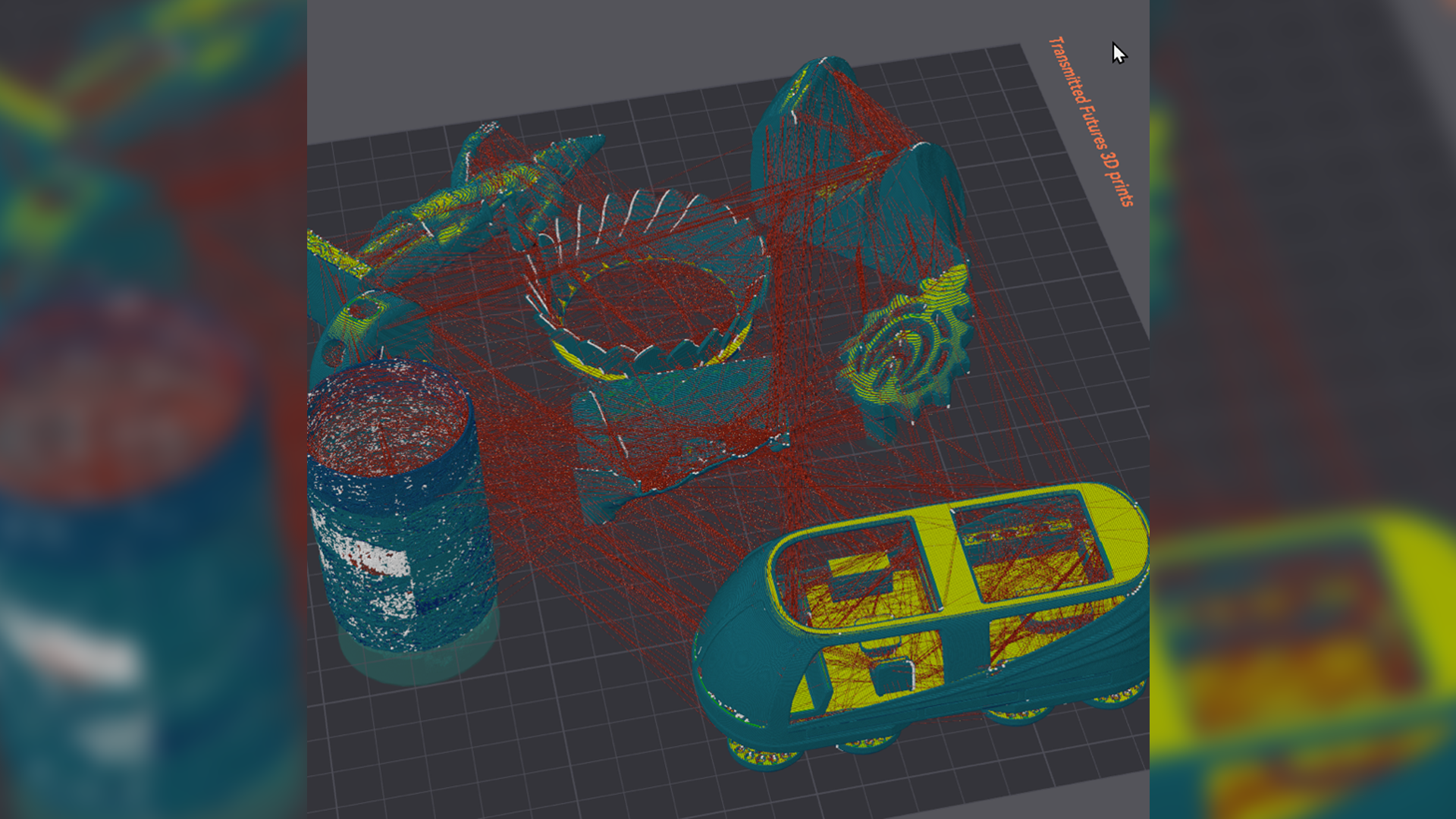 Official event poster with an illustration of a 3d printing map with various prints on it