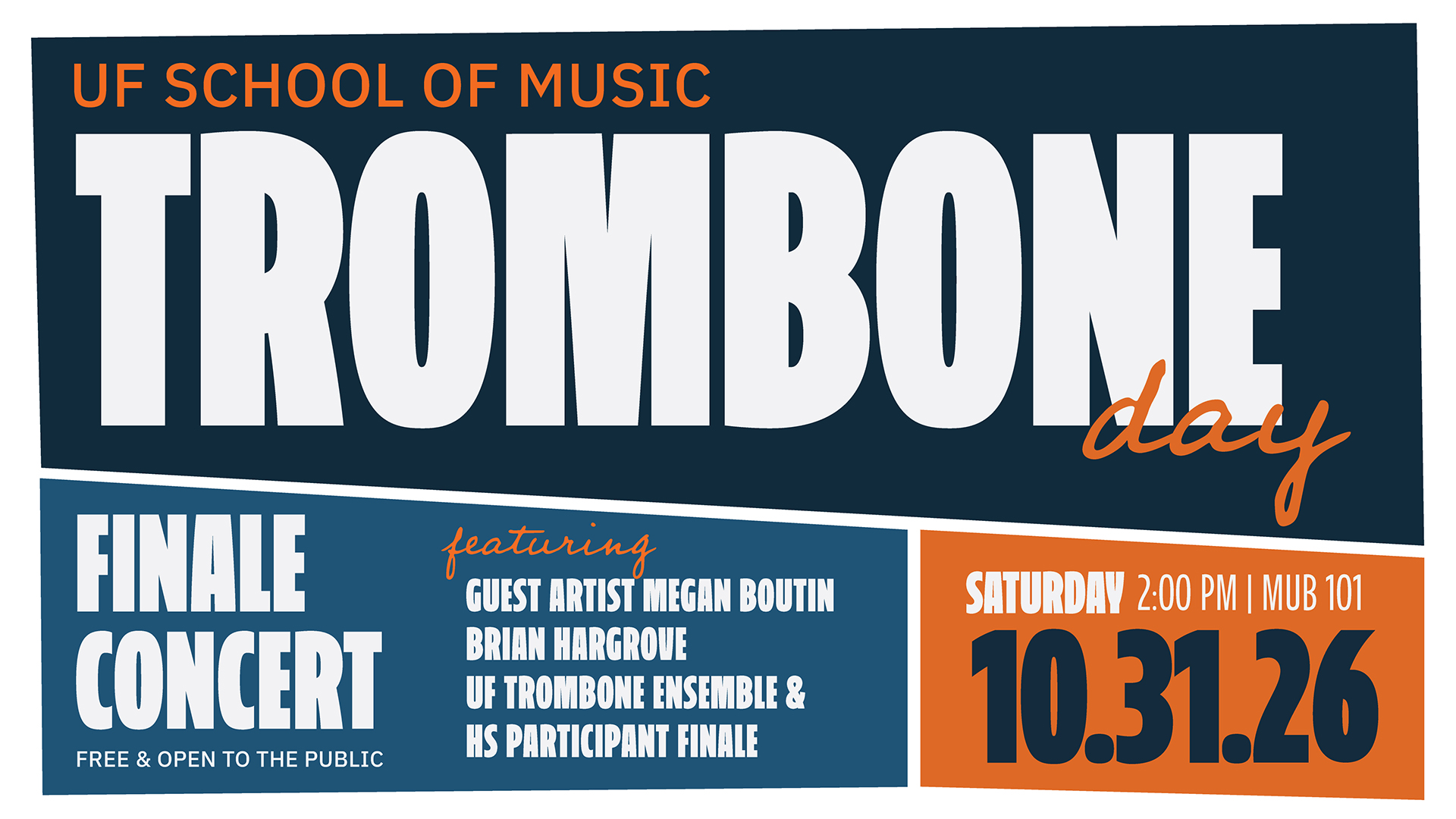 UF School of Music Trombone Day event flyer with informational text.