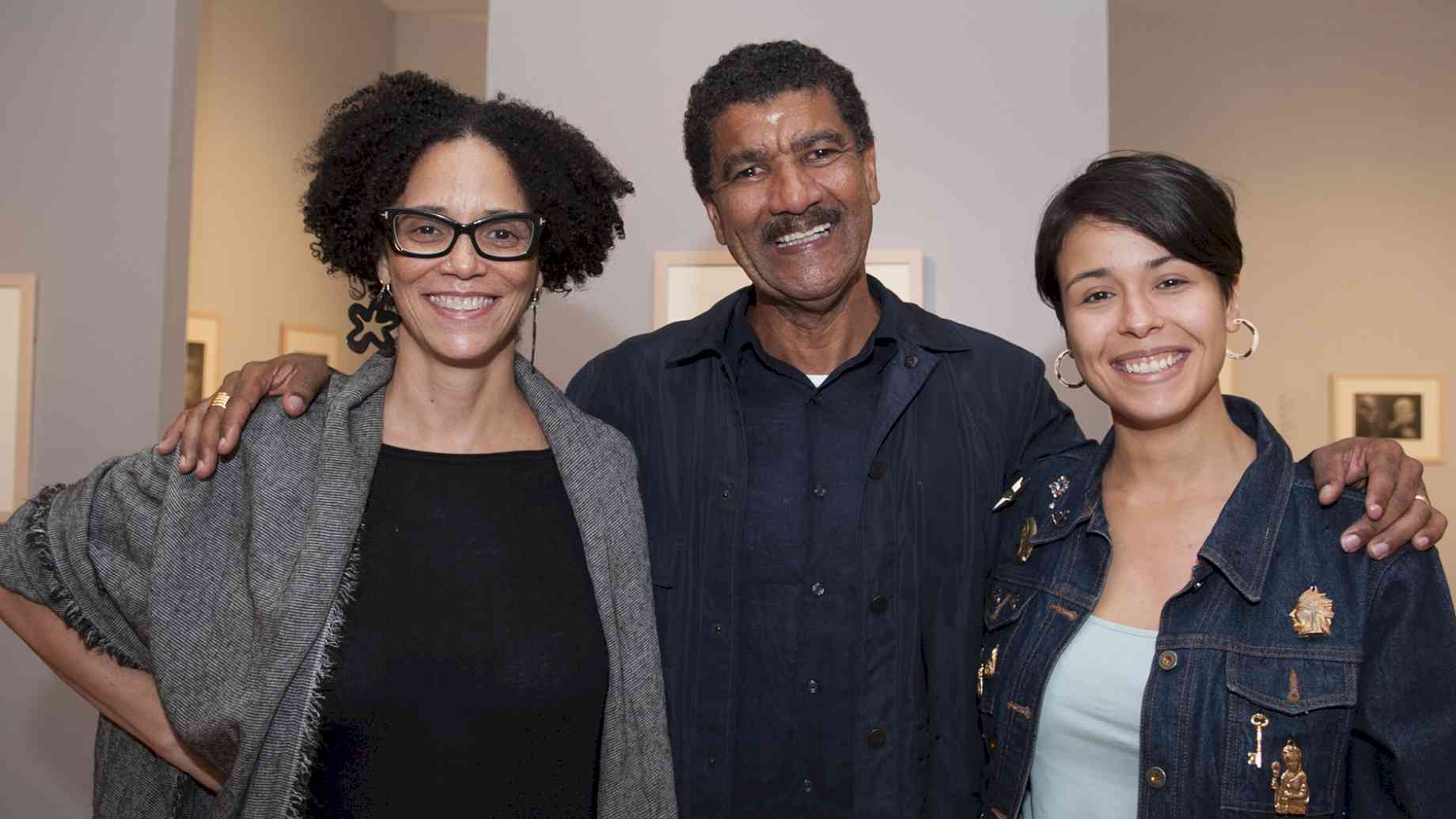 Visiting Artist Pepón Osorio with Professor Coco Fusco (left) and Art + Tech grad student Gia Del Pino (right)