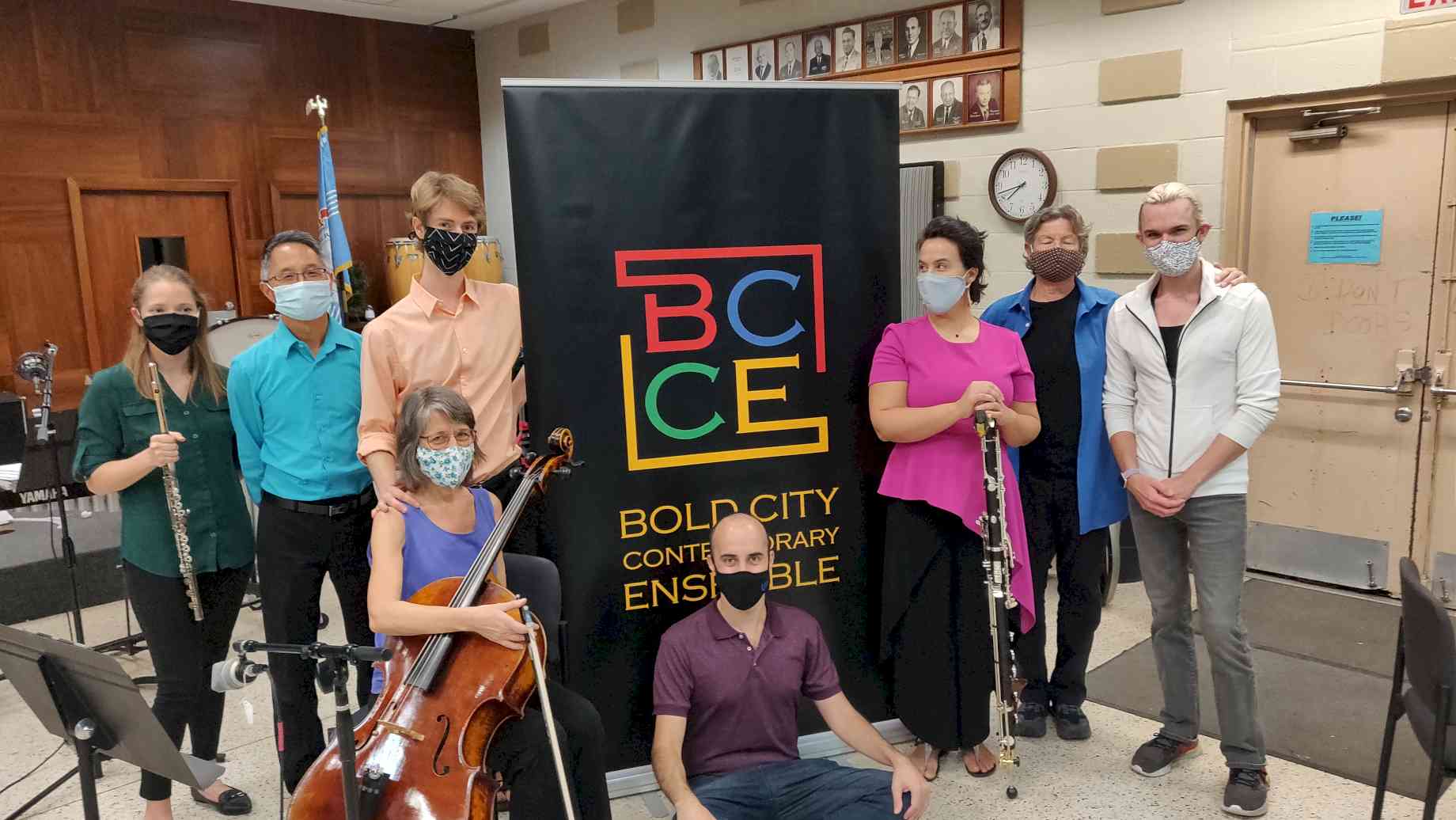 Graduate student composers with Bold City Contemporary Ensemble for recording session