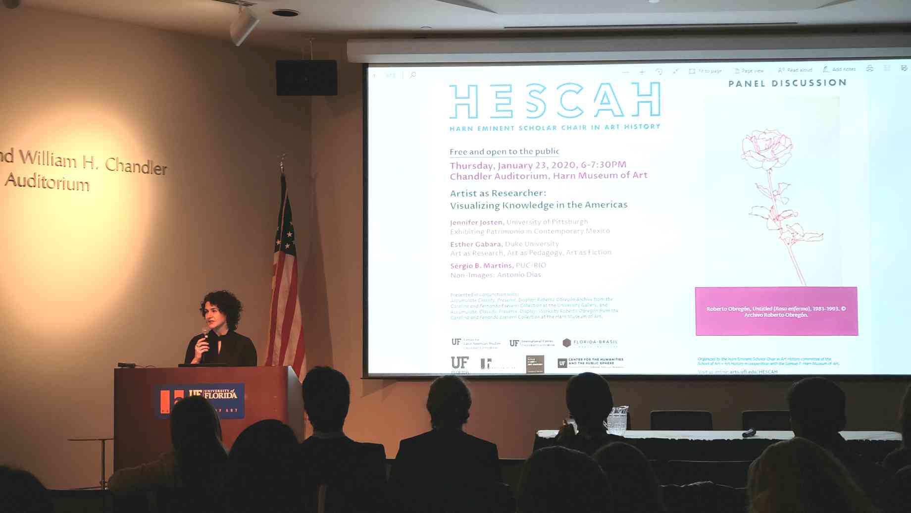 Professor Kaira Cabañas introducing the panel Artist as Researcher: Visualizing Knowledge in the Americas, which was co-sponsored by HESCAH.
