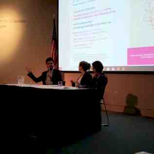 Professors Sérgio B. Martins, Jennifer Josten, and Esther Gabara as part of the co-sponsored by HESCAH panel Artist as Researcher