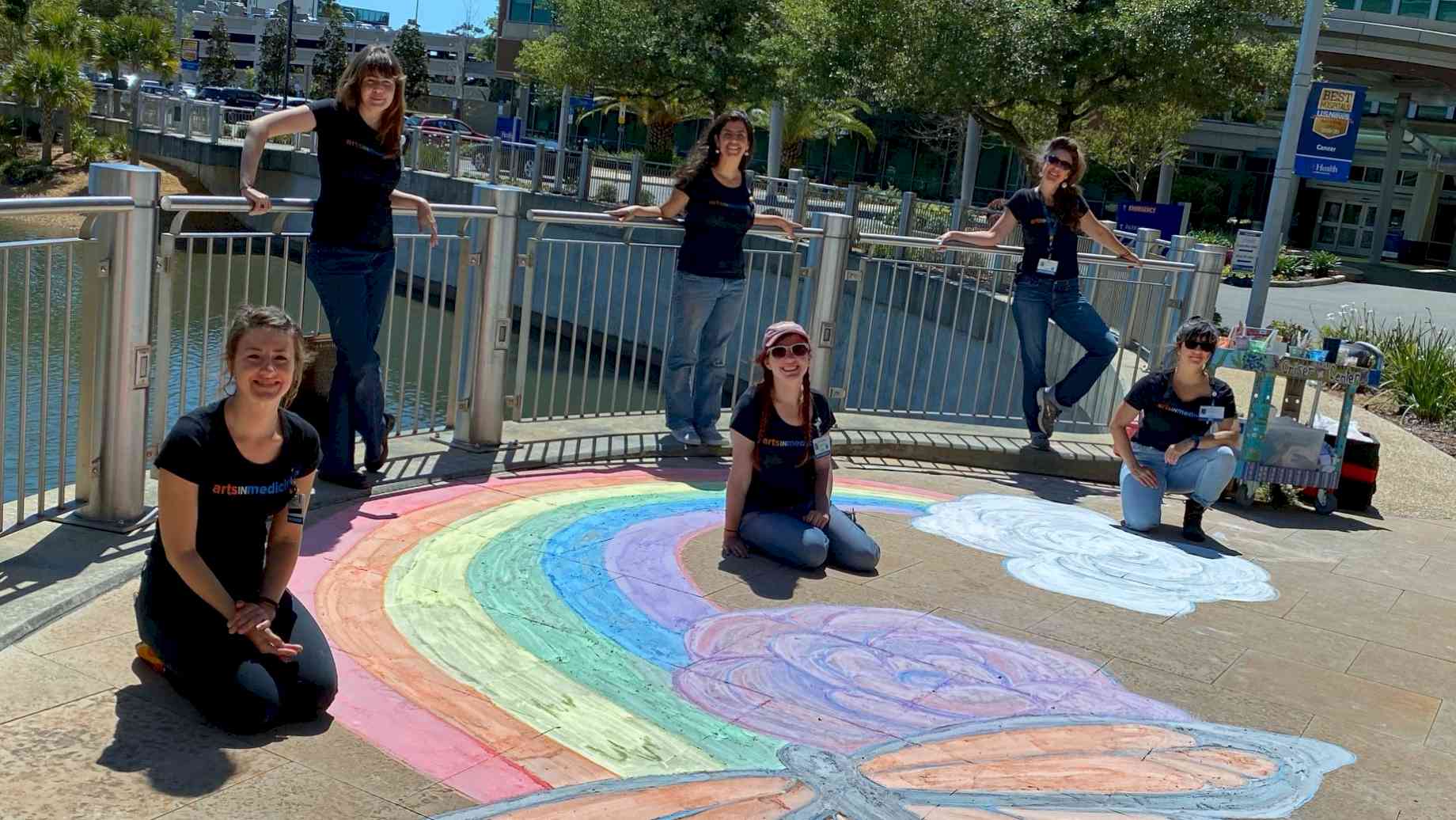 The UF Health Shands Arts in Medicine visual arts and administrative teams created chalk murals around the sidewalks of the hospital to inspire patients and staff from a safe distance.