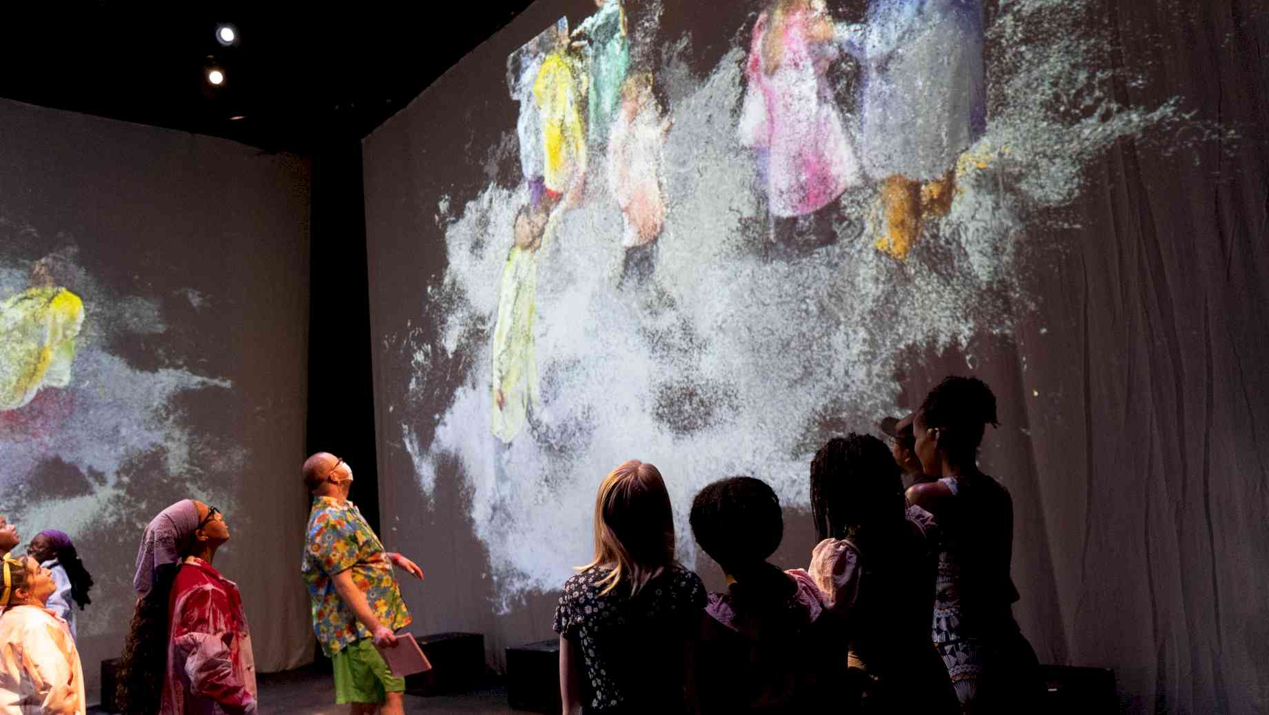 Braxton Rae directs students during a rehearsal for ‘Painting Humanity’, a devised AI theater production. Photo by Ravyn Gale.