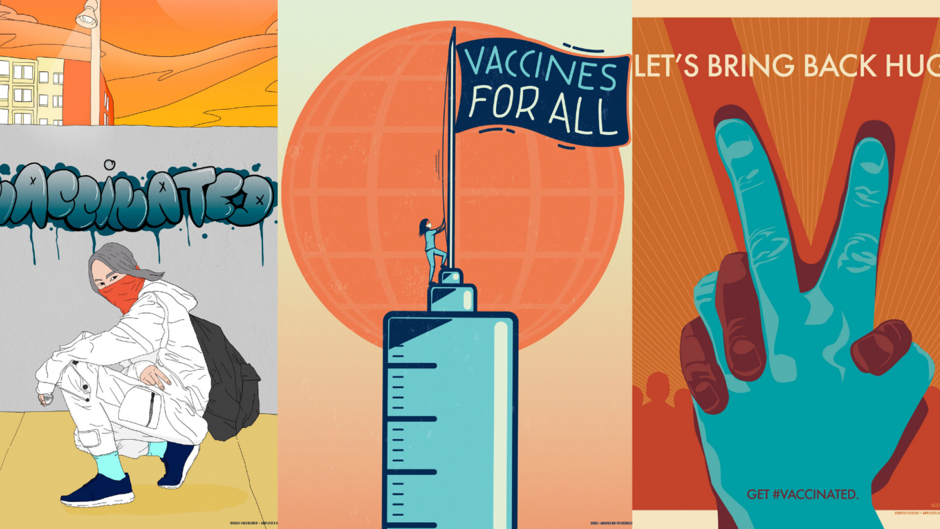 1. Vaccinated by Riyadh Fakhruddi. | 2. Vaccines For All by Icone. | 3. Bring Back Hugs by Jennifer Vicke