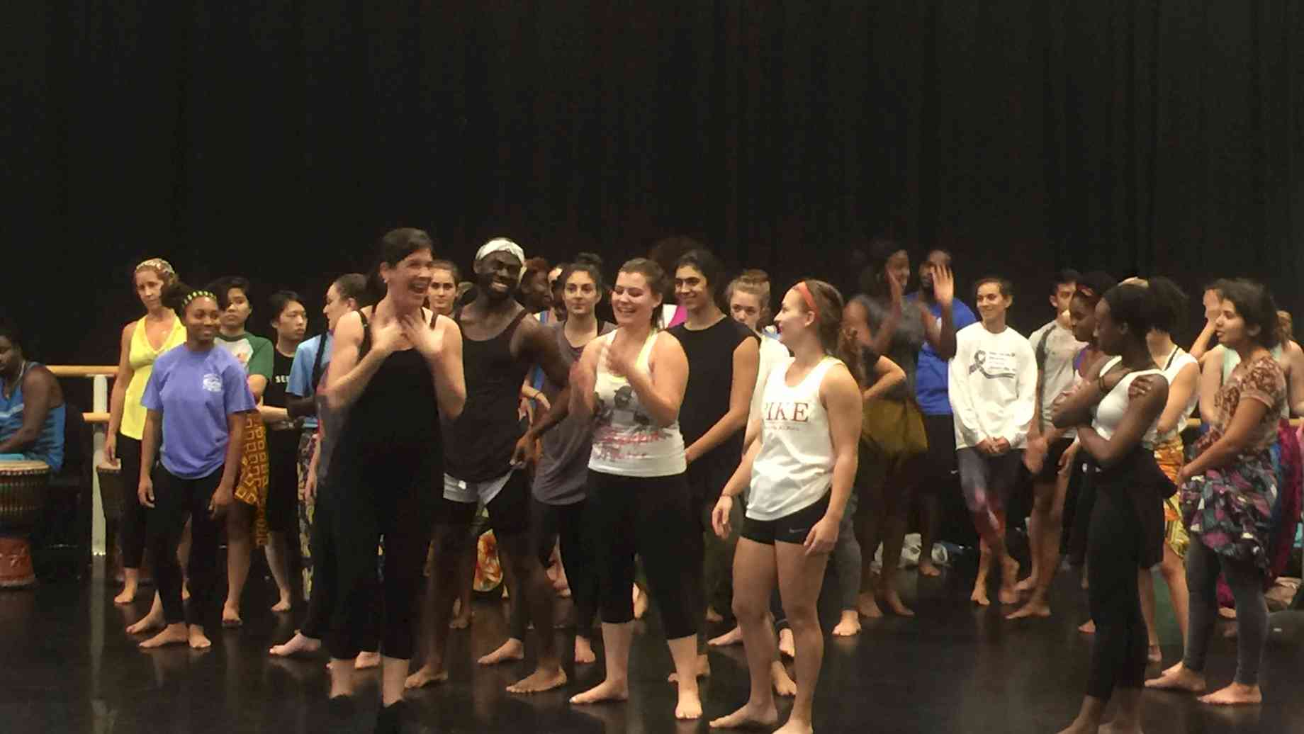 Juliana Azoubel with students from a West African Dance class during her residency at UF in Fall 2016.